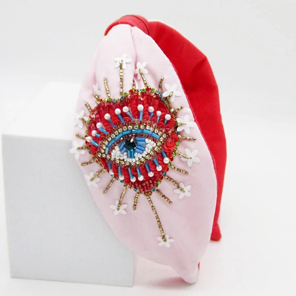 Beaded Evil Eye Statement Headband Red Pink Embellished Hair Accessory NWT